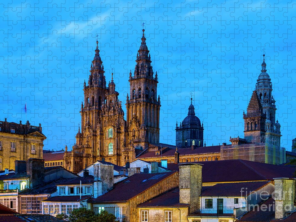 Way Jigsaw Puzzle featuring the photograph Santiago de Compostela Cathedral Spectacular View by Night and Tiled Roofs La Coruna Galicia by Pablo Avanzini