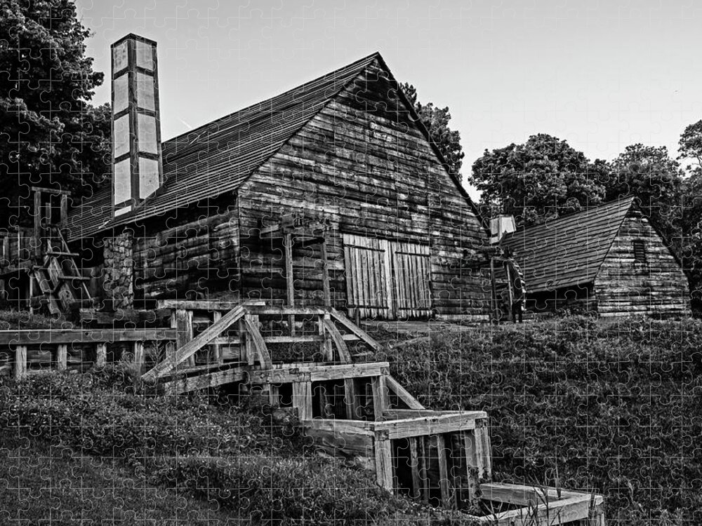 Saugus Jigsaw Puzzle featuring the photograph Saugus Iron Works National Park Saugus Massachusetts Mills wooden buildings Black and White by Toby McGuire