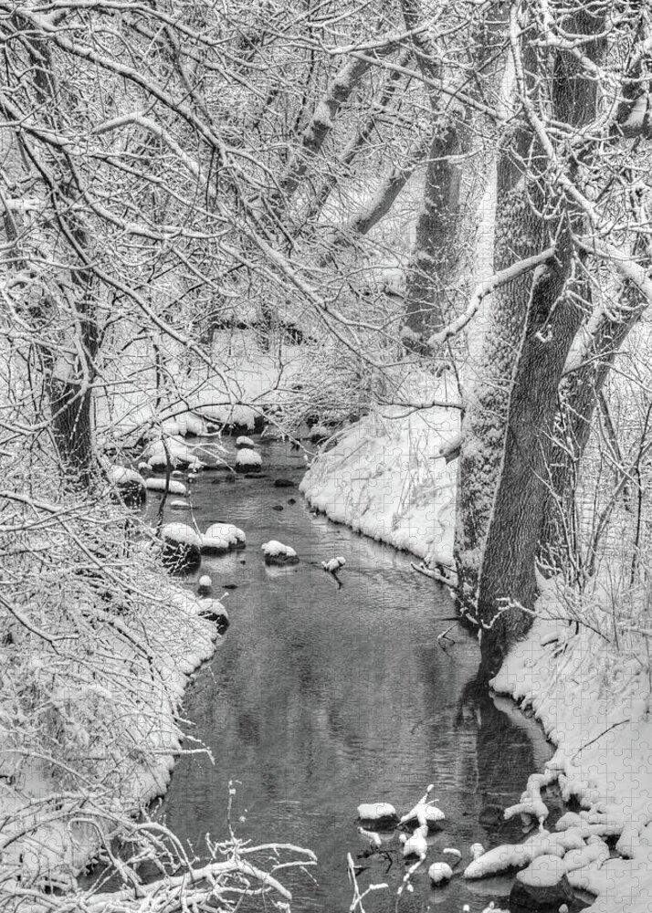 Creek Jigsaw Puzzle featuring the photograph Saunders Creek Dressed in White - Small WI creek bedazzled with fresh winter snow - Black and White by Peter Herman