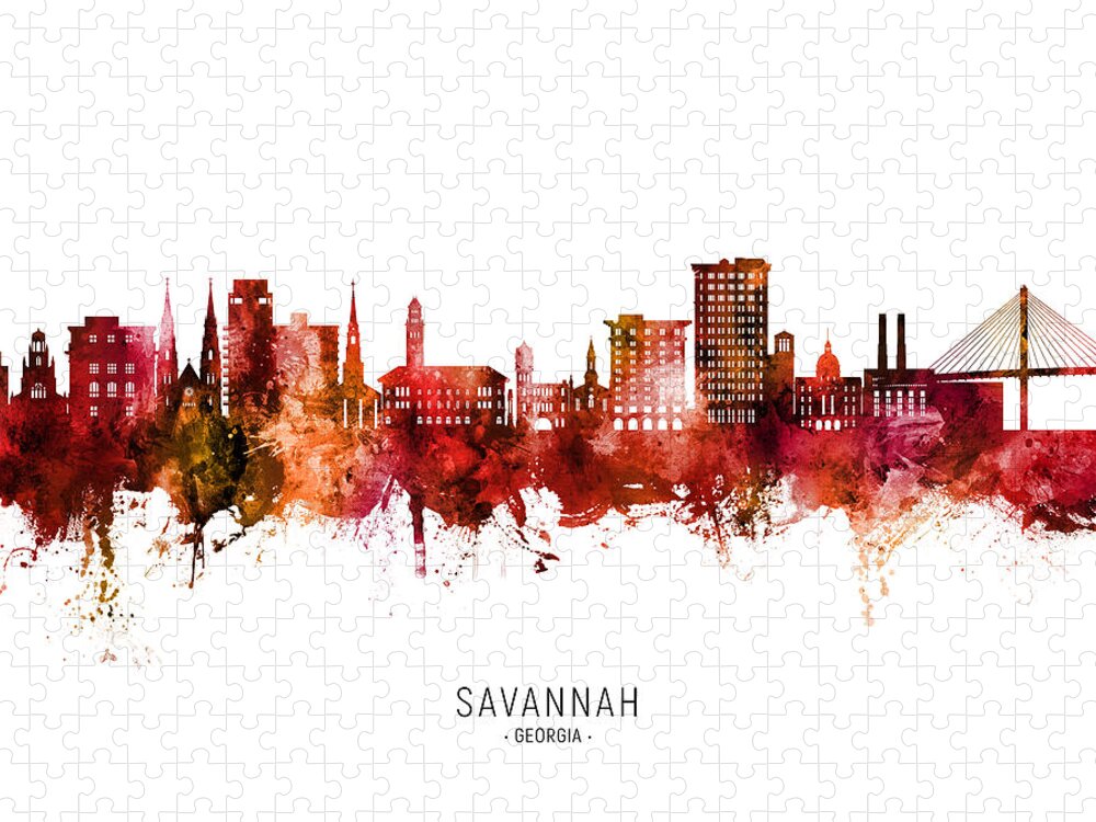 Savannah Jigsaw Puzzle featuring the digital art Savannah Georgia Skyline #09 by Michael Tompsett