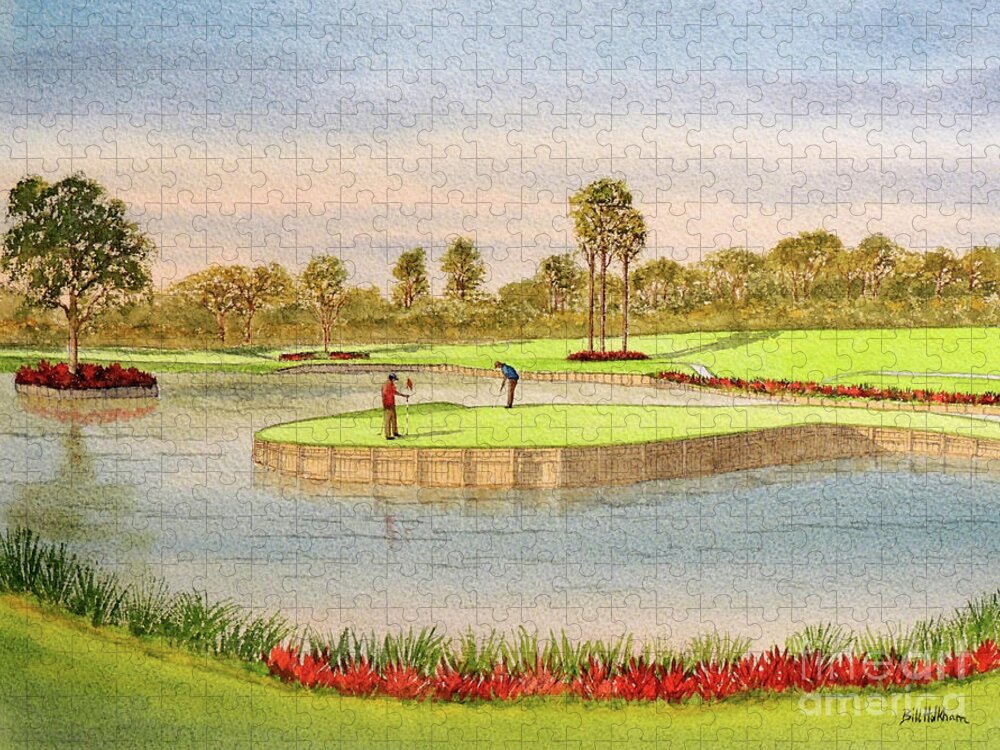 Sawgrass 17th Hole Jigsaw Puzzle featuring the painting Sawgrass Golf Course 17th Green Putting Out by Bill Holkham