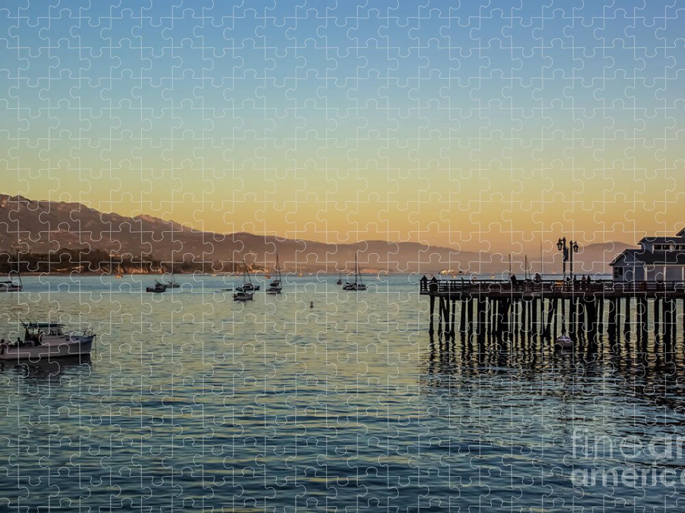 Sunset Jigsaw Puzzle featuring the photograph SB Wharf And Boats At Sunset by Suzanne Luft