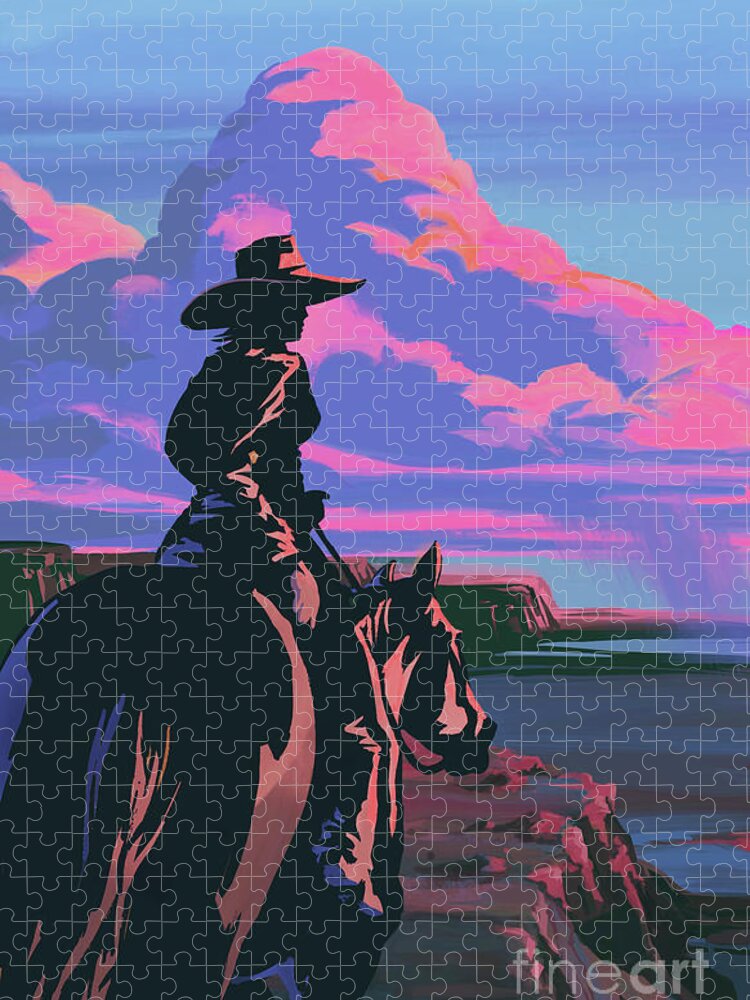 Horse Jigsaw Puzzle featuring the painting Scenic Sunset Canyon Cowgirl by Sassan Filsoof
