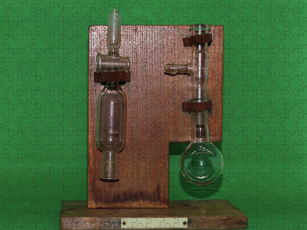 Analysis Jigsaw Puzzle featuring the photograph Science Equipment On Vintage Wooden Stand by Tom Conway