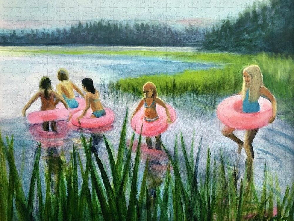Pink Floaties Jigsaw Puzzle featuring the painting Scoby Pond Birthday by Cyndie Katz