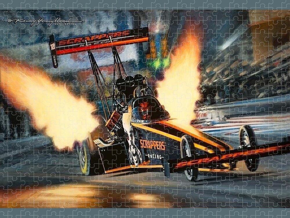 Nhra Drag Racing Top Fuel Mike Salinas Kenny Youngblood Jigsaw Puzzle featuring the painting Scrappers by Kenny Youngblood