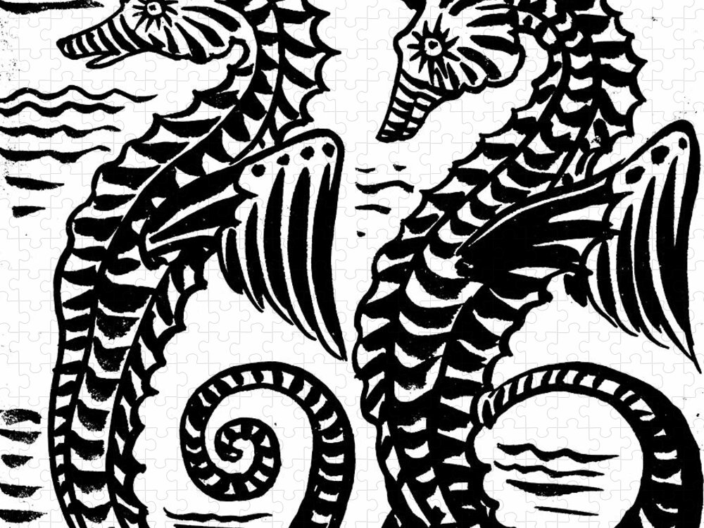 Sea Jigsaw Puzzle featuring the drawing Sea Horses by William De Morgan by William De Morgan