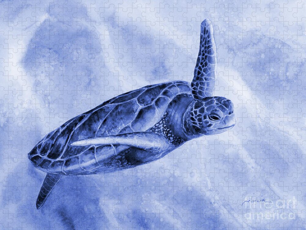 Mono Jigsaw Puzzle featuring the painting Sea Turtle 2 in Blue by Hailey E Herrera
