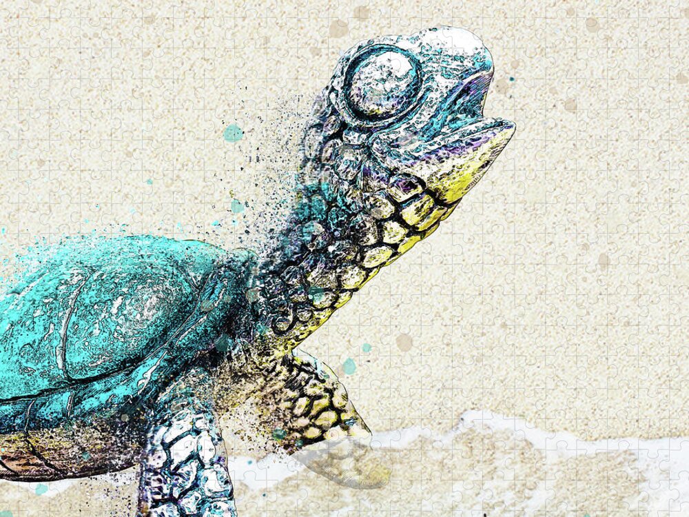 Sea Turtle On Beach Jigsaw Puzzle featuring the digital art Sea Turtle on the Shore by Pamela Williams