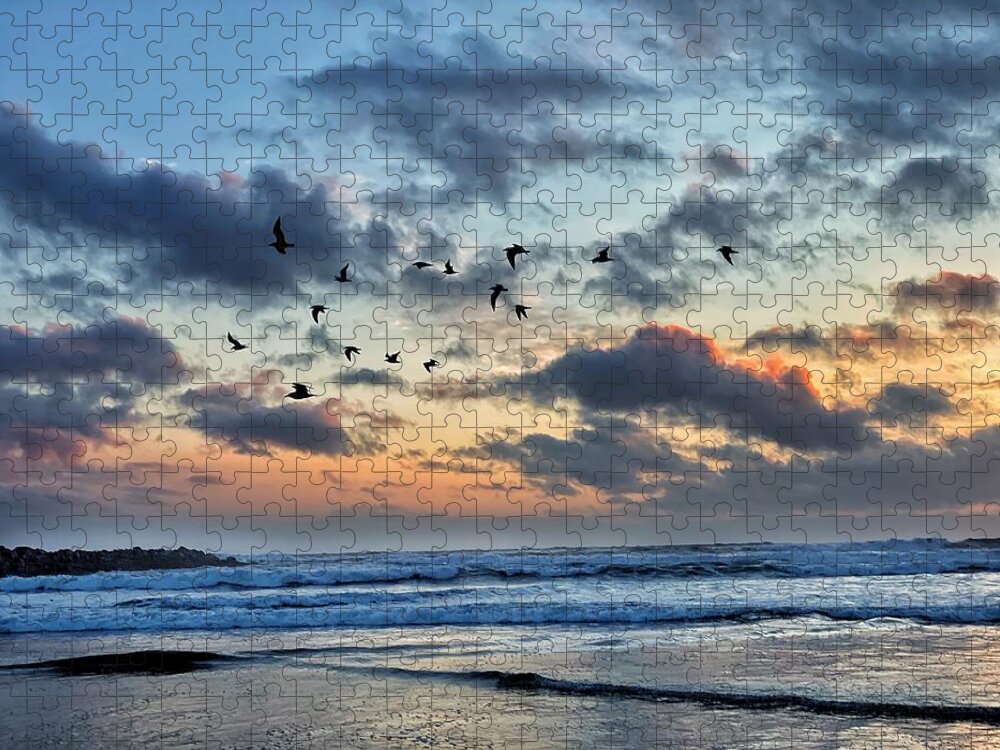 Sunset Jigsaw Puzzle featuring the photograph Seagulls Silhouette at Sunset by Jerry Abbott