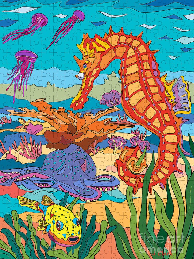 Seahorse Jigsaw Puzzle featuring the digital art Seahorse and Octopus by John Clark