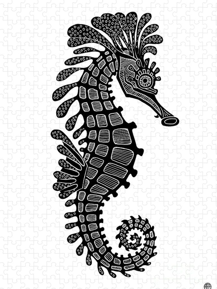 Seahorse Jigsaw Puzzle featuring the drawing Seahorse Ink 4 by Amy E Fraser