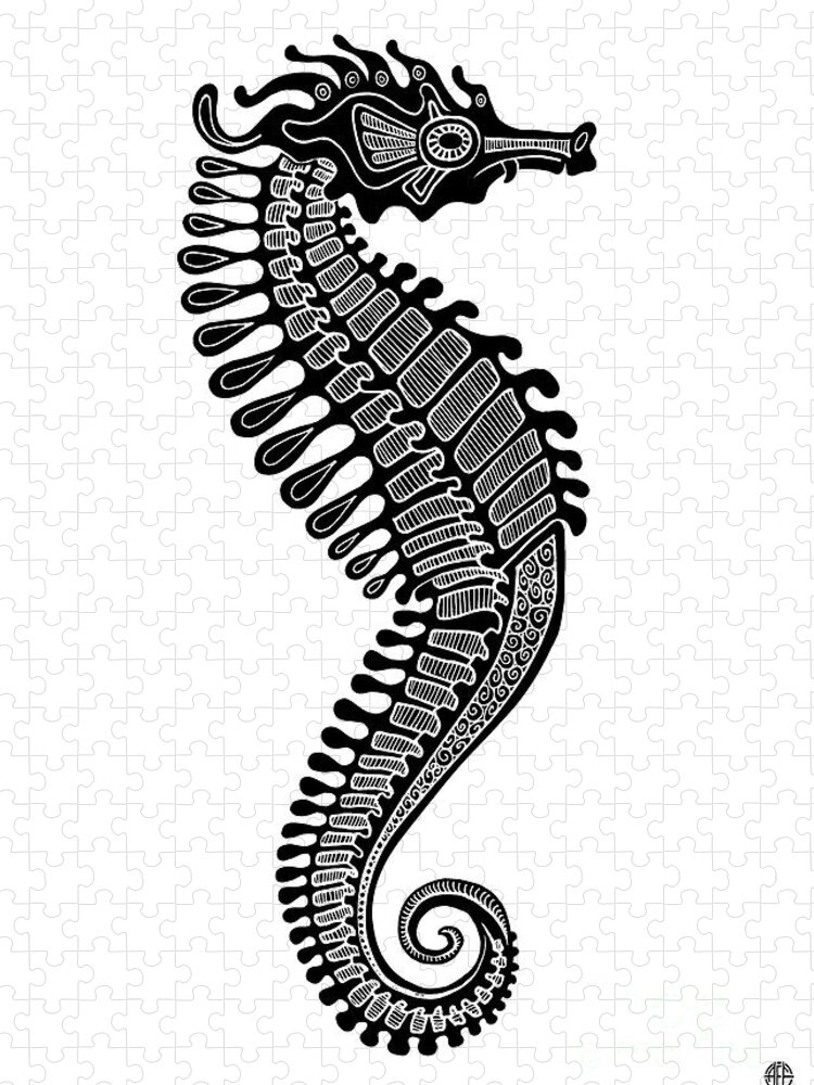 Seahorse Jigsaw Puzzle featuring the drawing Seahorse Ink 5 by Amy E Fraser