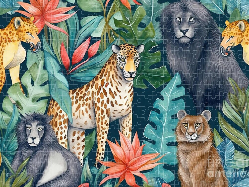 Abstract Jigsaw Puzzle featuring the painting Seamless pattern with jungle animals by N Akkash