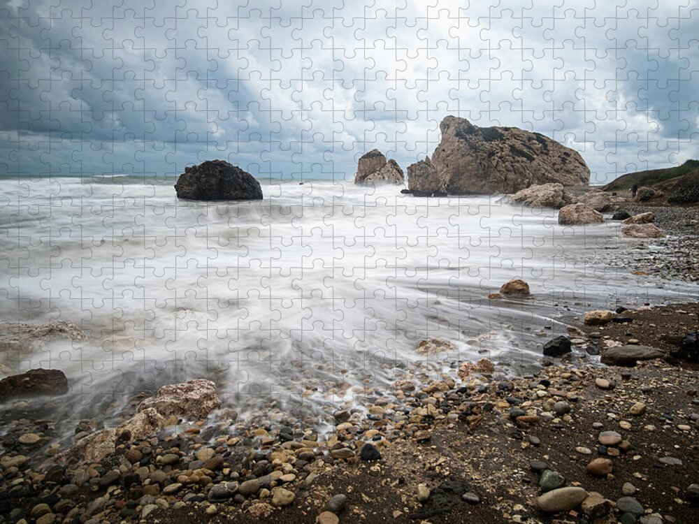 Sea Waves Jigsaw Puzzle featuring the photograph Seascape with windy waves during stormy weather on a rocky coast by Michalakis Ppalis