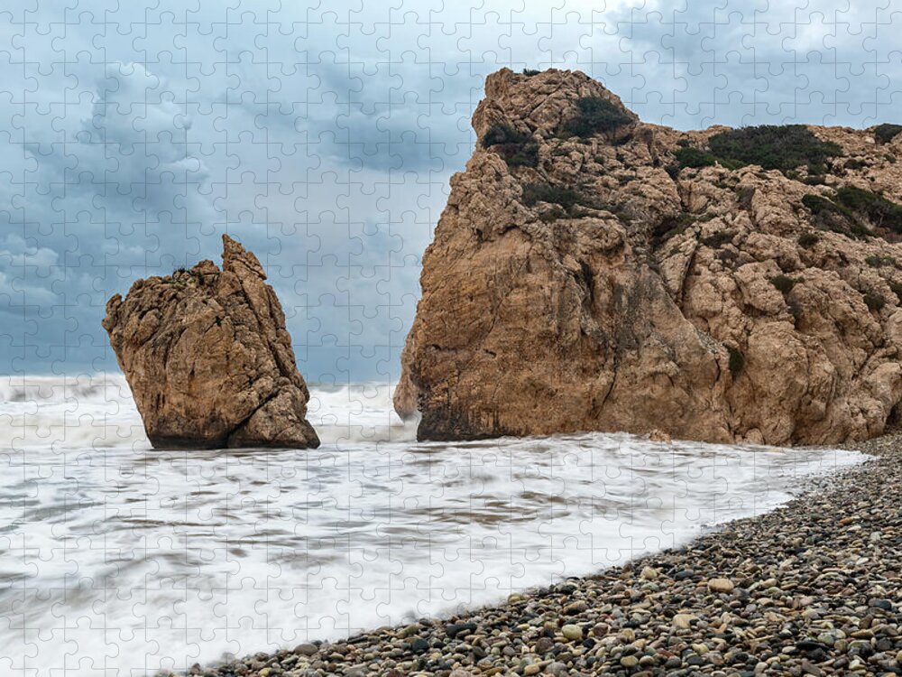 Coastline Jigsaw Puzzle featuring the photograph Seascapes with windy waves. Rock of Aphrodite Paphos Cyprus by Michalakis Ppalis