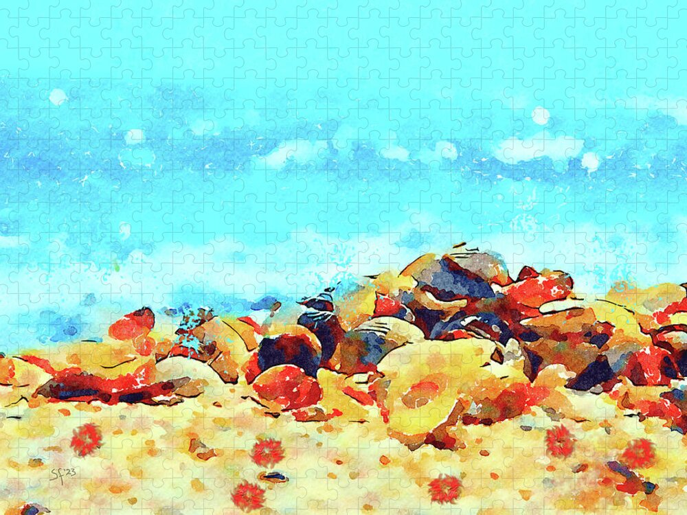 Abstract Jigsaw Puzzle featuring the mixed media Seashells on the Beach Watercolor Painting by Shelli Fitzpatrick