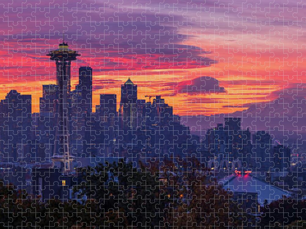 Seattle Jigsaw Puzzle featuring the photograph Seattle Fiery Sunrise Skies from Kerry Park by Mike Reid
