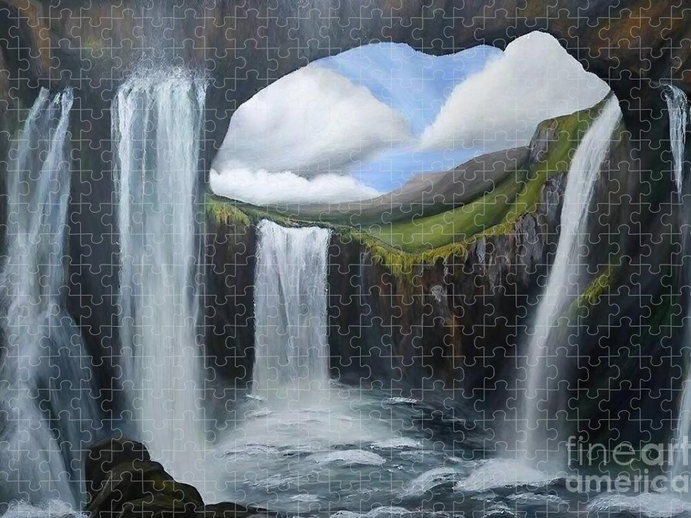 Space Jigsaw Puzzle featuring the painting Seljalandsfoss Painting space value water waterfall iceland cave contrast seljalandsfoss visual texture mist movement nature beautiful environment forest green landscape mountain nature outdoor park by N Akkash