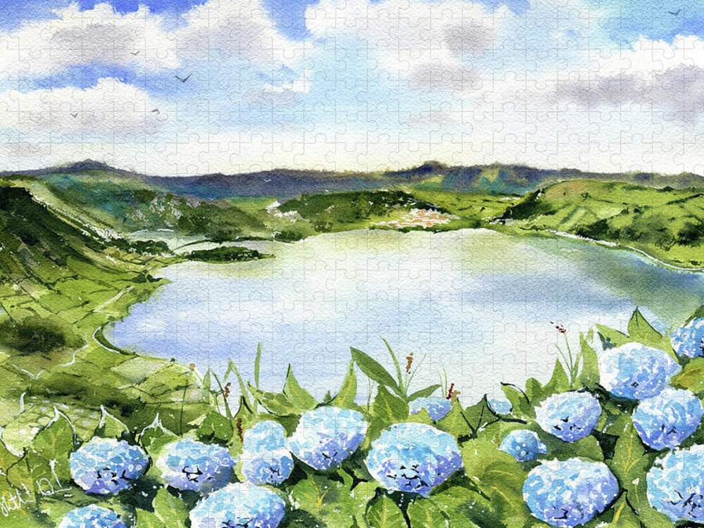Sete Cidades Jigsaw Puzzle featuring the painting Sete Cidades in Azores Sao Miguel Painting by Dora Hathazi Mendes
