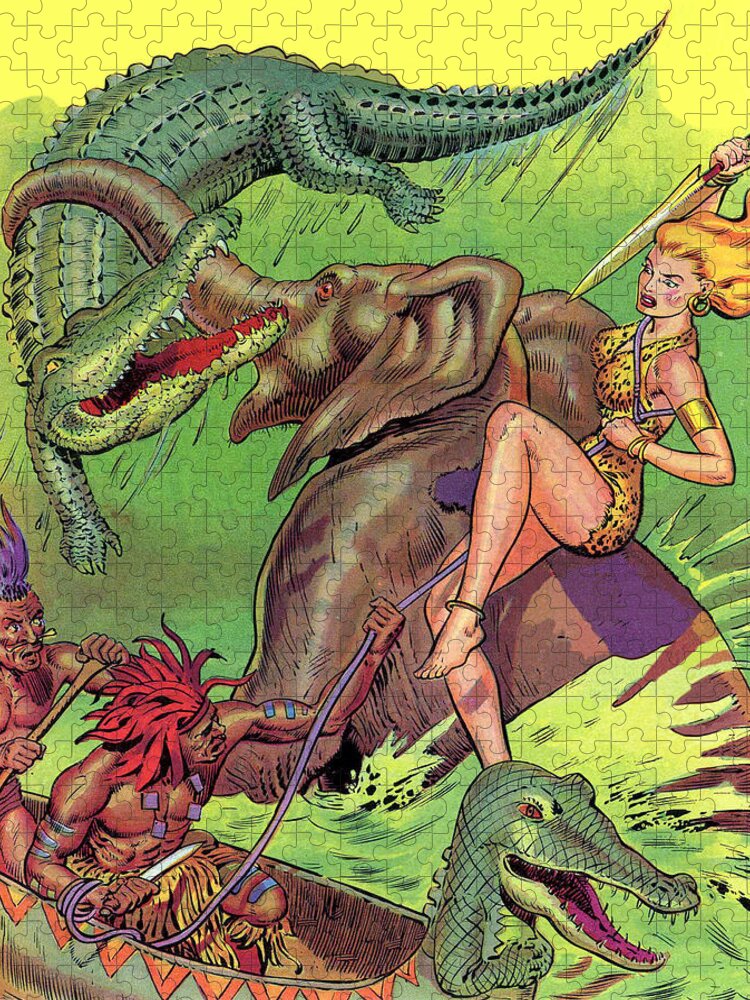 Sexy Jigsaw Puzzle featuring the digital art Sexy Girl on Elephant Fighting against Crocodile People by Long Shot