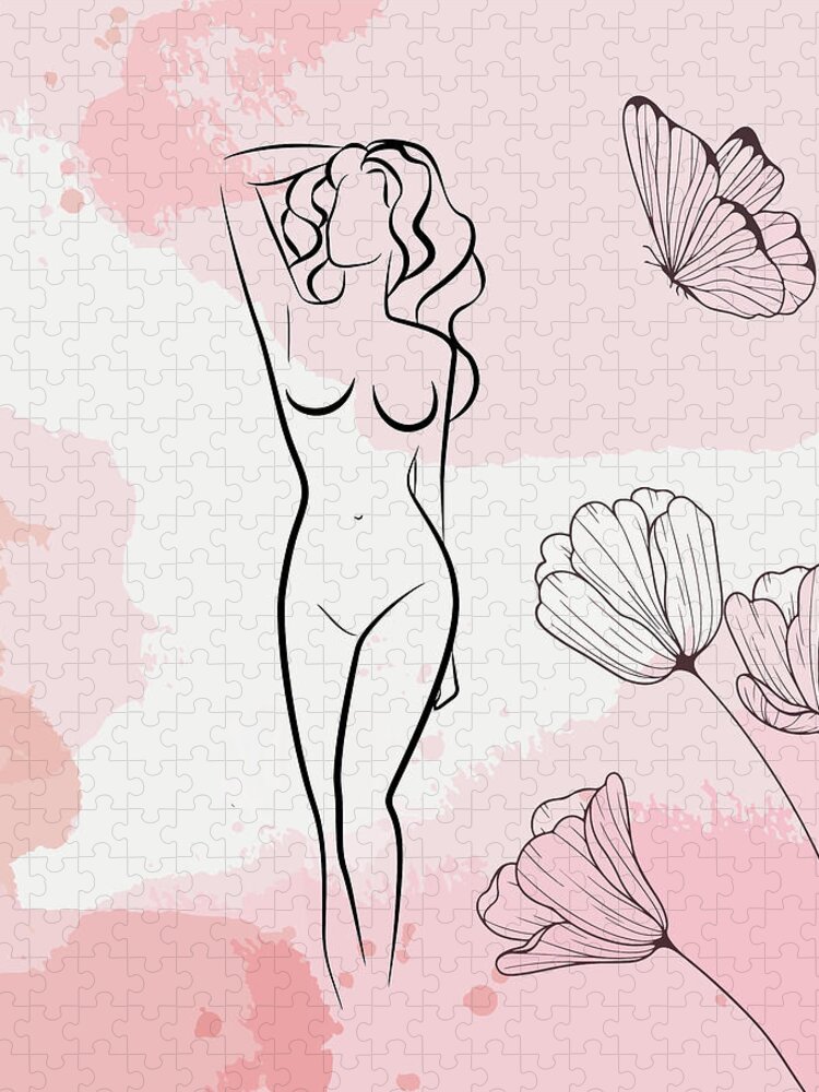 Butterfly Jigsaw Puzzle featuring the drawing Sexy Nude Woman With Butterfly, Nude Female Body Print, Bedroom Wall Decor, Naked Figure Poster by Mounir Khalfouf