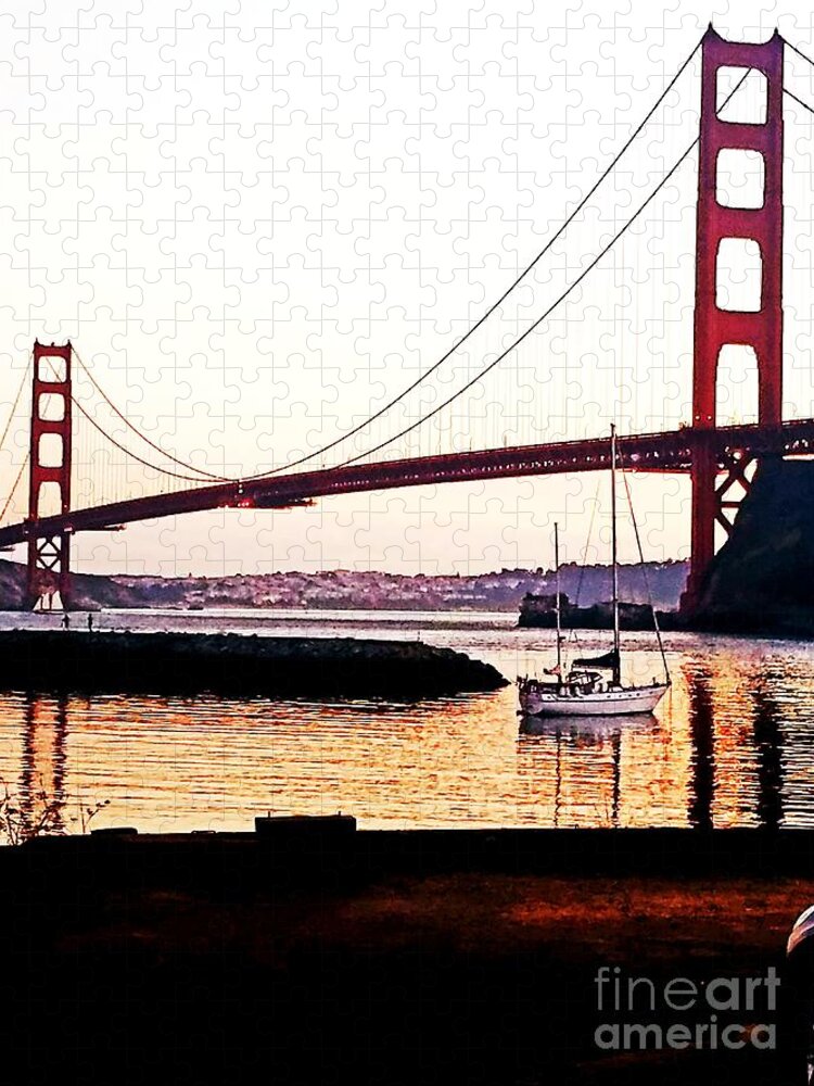 Golden Gate Bridge Jigsaw Puzzle featuring the painting SF Fog Meets October Sunset by Artist Linda Marie