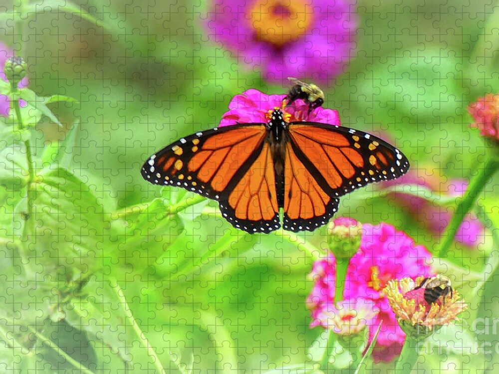 Monarch Jigsaw Puzzle featuring the photograph Sharing Zinnia by Amy Dundon