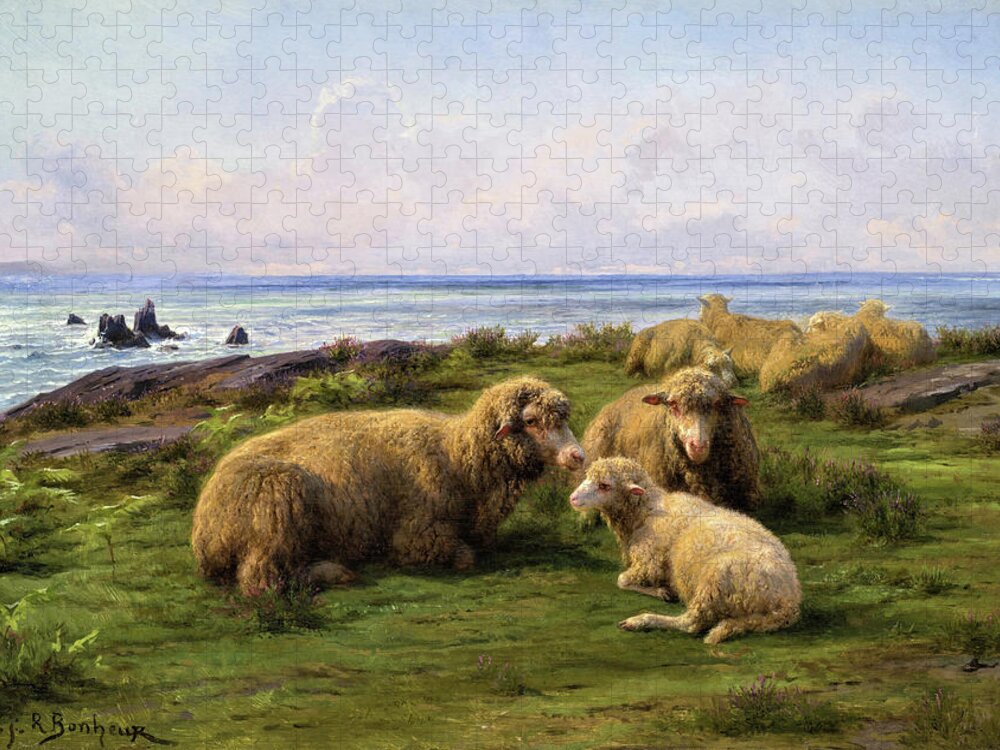 Sheep By The Sea Jigsaw Puzzle featuring the painting Sheep by the Sea - Digital Remastered Edition by Rosa Bonheur
