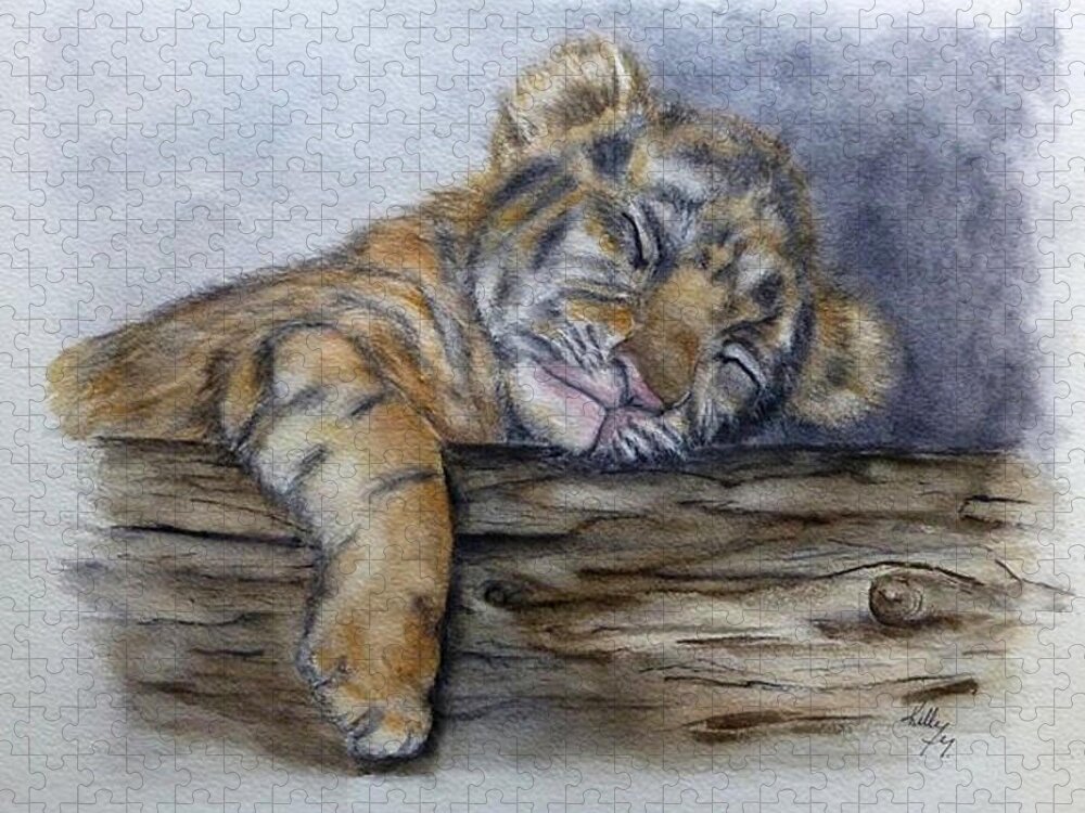 Tiger Cub Jigsaw Puzzle featuring the painting Shhh Tiger Cub is Sleeping by Kelly Mills