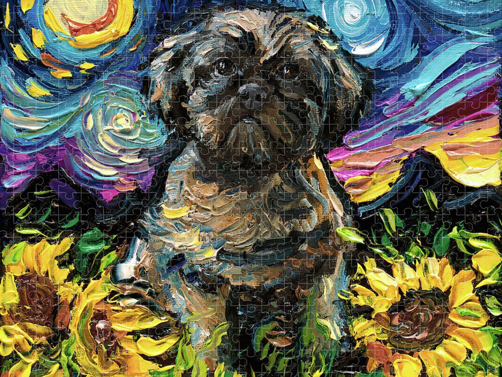 Shih Tzu Jigsaw Puzzle featuring the painting Shih Tzu and Sunflowers Night by Aja Trier