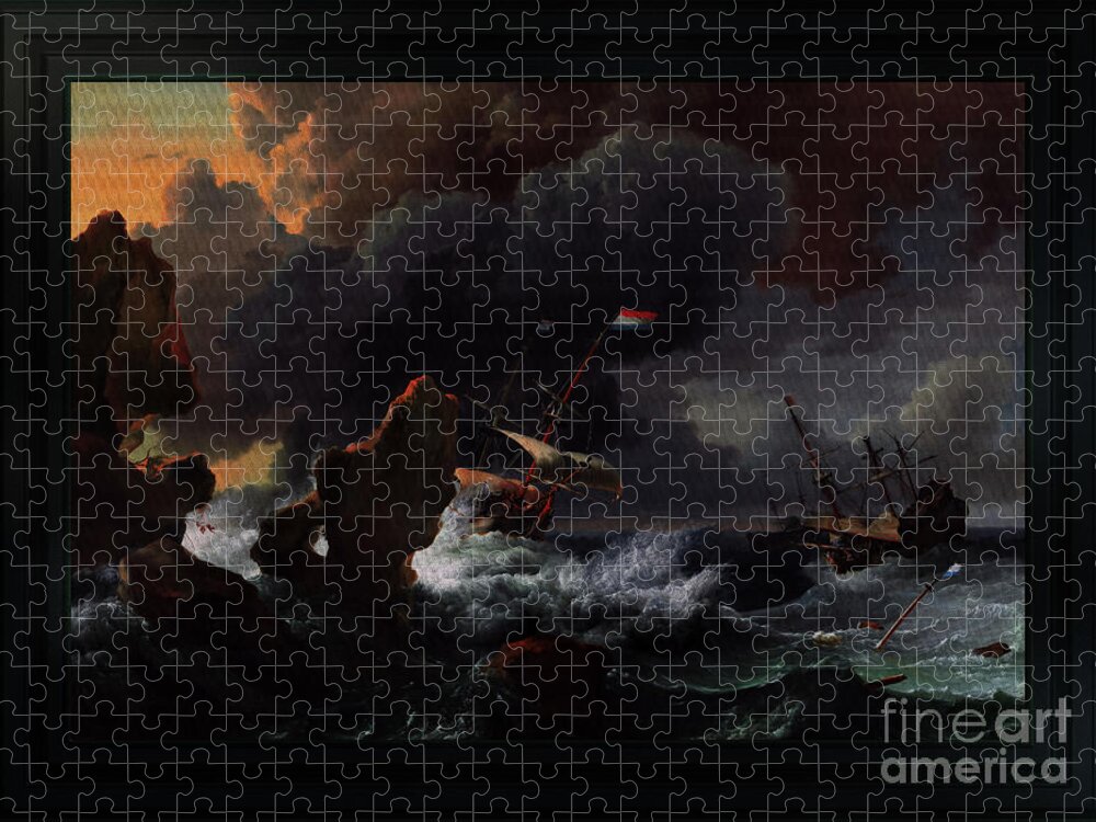 Ships In Distress Off A Rocky Coast Jigsaw Puzzle featuring the painting Ships In Distress Off A Rocky Coast by Ludolf Bakhuizen Classical Art Reproduction by Rolando Burbon
