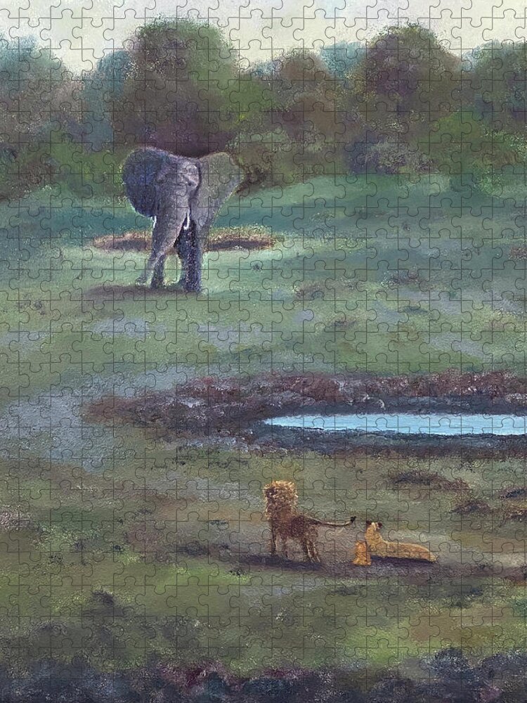 Elephant Jigsaw Puzzle featuring the painting Should I Stay or Should I Go by Annette Laurel Batchelor