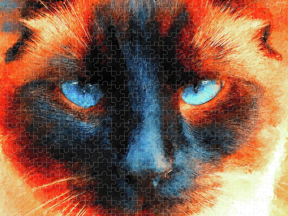 Siamese Cat Jigsaw Puzzle featuring the digital art Siamese cat face close-up - blue and orange digital painting by Nicko Prints