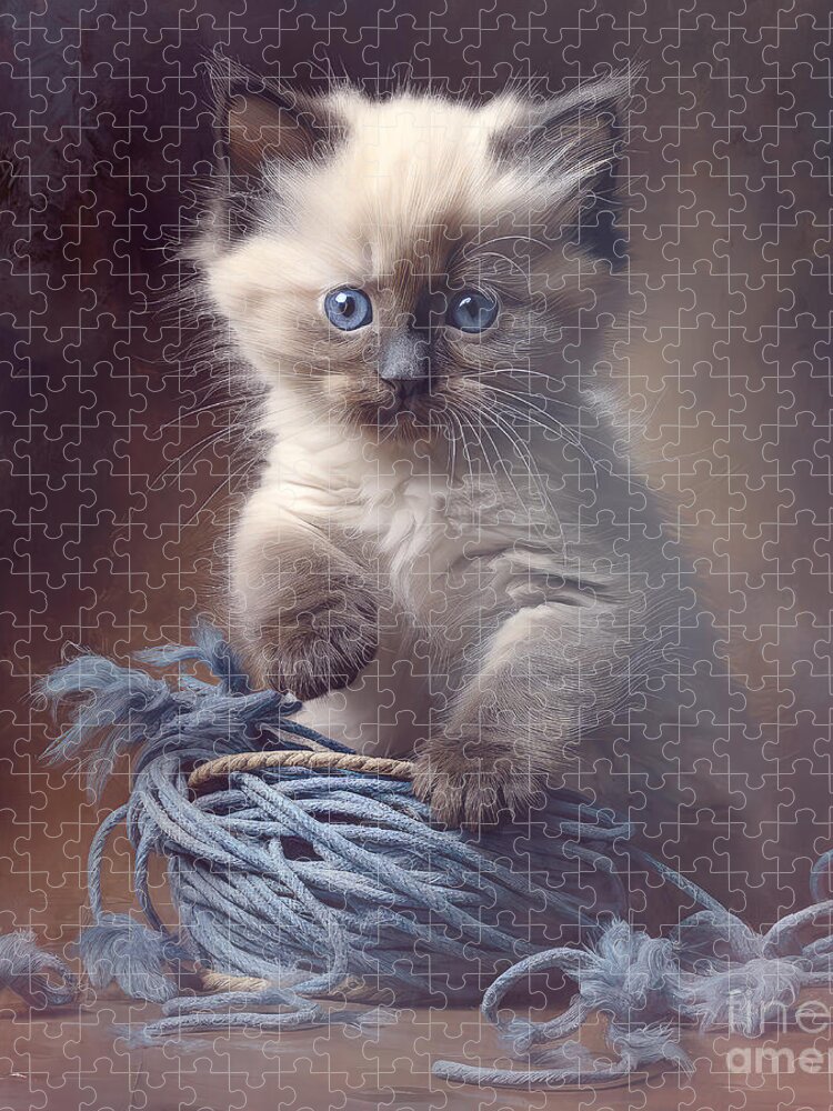 Siamese Jigsaw Puzzle featuring the digital art Siamese Kitten Playing with Yarn by Elisabeth Lucas