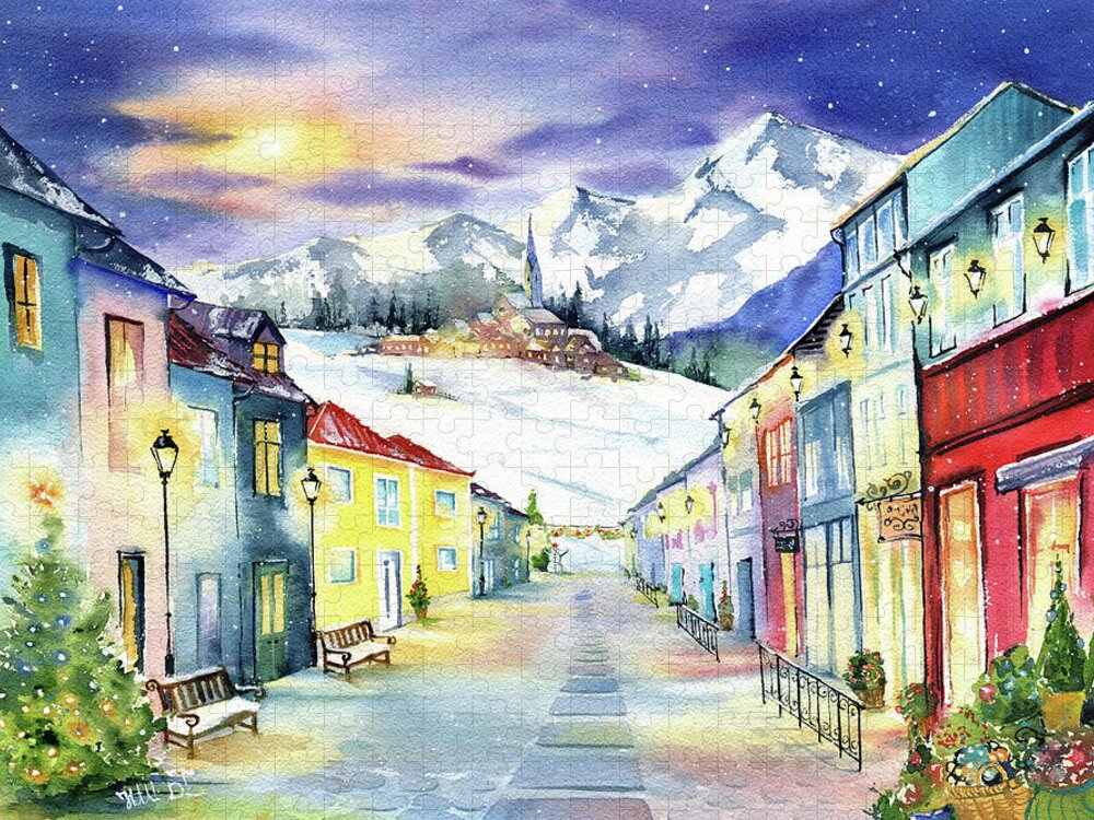 Christmas Jigsaw Puzzle featuring the painting Silent Night Christmas Village Painting by Dora Hathazi Mendes