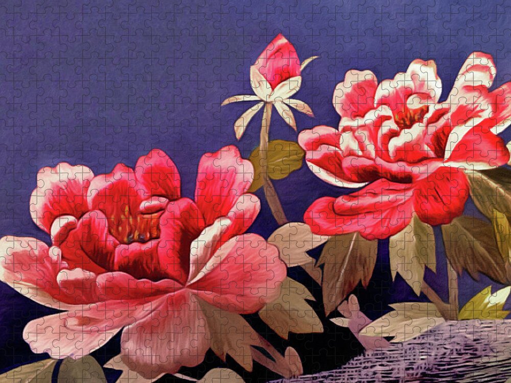 Silk Peonies Jigsaw Puzzle featuring the tapestry - textile Silk Peonies - Kimono Series by Susan Maxwell Schmidt