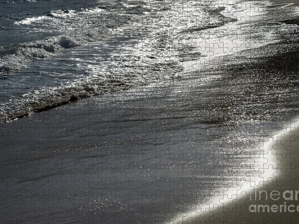 Sandy Beach Jigsaw Puzzle featuring the photograph Silver sea water meets sand 2, Mediterranean coast by Adriana Mueller