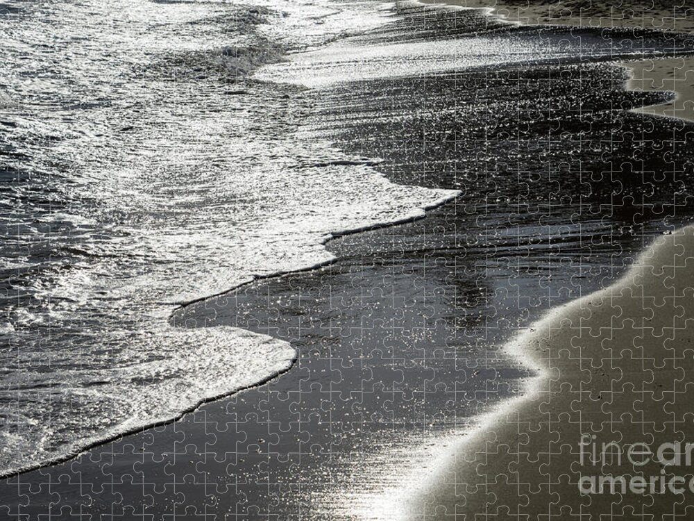 Sandy Beach Jigsaw Puzzle featuring the photograph Silver sea water meets sand 1, Mediterranean coast by Adriana Mueller
