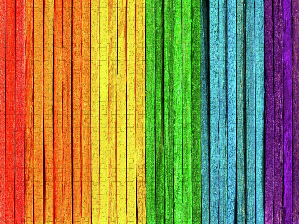 Simple full rainbow backdrop, colorful wooden popsicle sticks backdrop.  Abstract multi colored natural background wall texture. Education, freedom,  happiness concept. Vivid, vibrant crafts wallpaper Jigsaw Puzzle by  CleverArtsMedia - Pixels