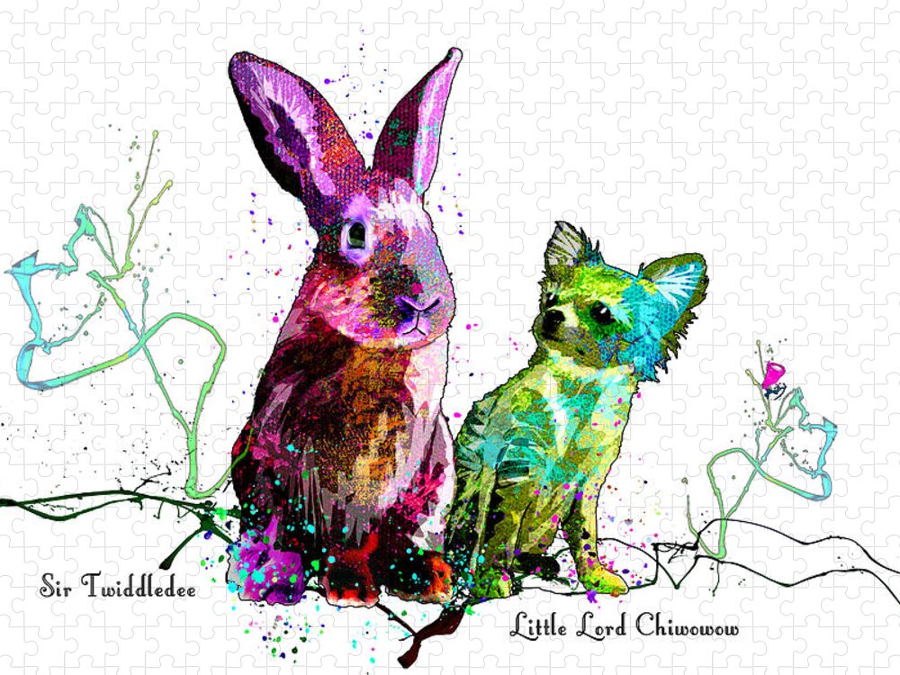 Rabbit Jigsaw Puzzle featuring the mixed media Sir Twiddledee And Little Lord Chiwowow by Miki De Goodaboom