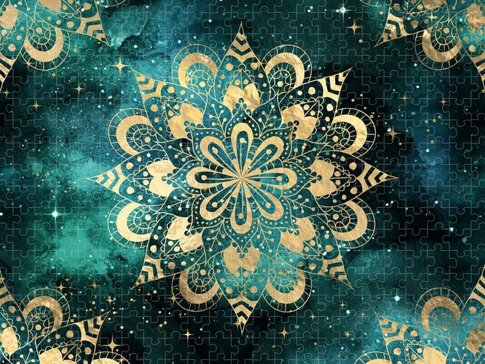 Watercolor Jigsaw Puzzle featuring the digital art Sirana - Teal Gold Watercolor Mandala Galaxy Dharma Pattern by Sambel Pedes