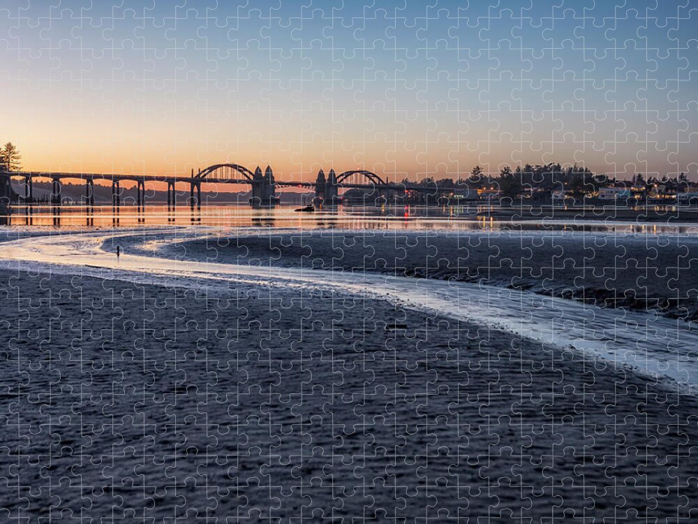 Siuslaw River Bridge Jigsaw Puzzle featuring the photograph Siuslaw River Bridge and Florence at Dusk, No. 2 by Belinda Greb
