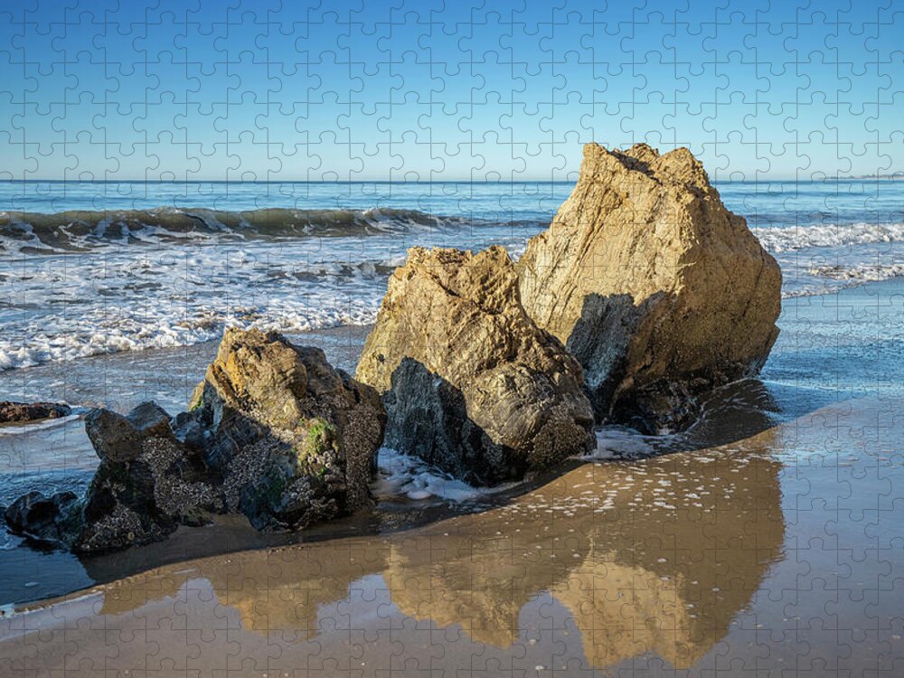 Santa Barbara Ca California Seascape Colorful Morning Light Ocean Shore Waves Surf Sand Rocks Striking Boulders Jigsaw Puzzle featuring the photograph Skinny Dippers SS by Perry Hambright