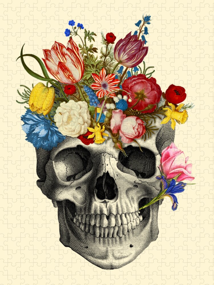 Skull Jigsaw Puzzle featuring the digital art Skull with flowers by Madame Memento