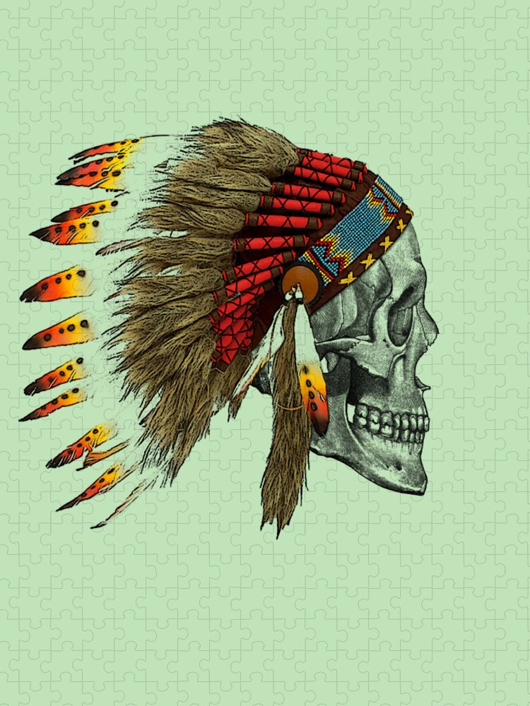 Skull Jigsaw Puzzle featuring the mixed media Skull with war bonnet by Madame Memento
