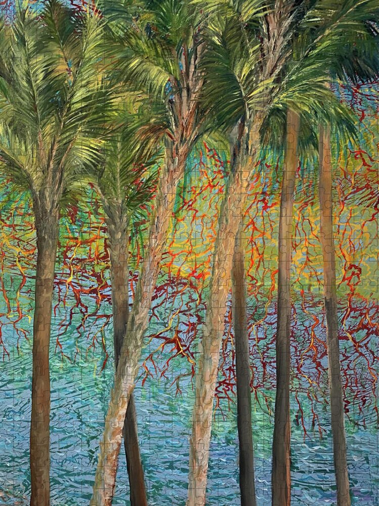 Palms Jigsaw Puzzle featuring the painting Sky High Palms by Barbara Landry