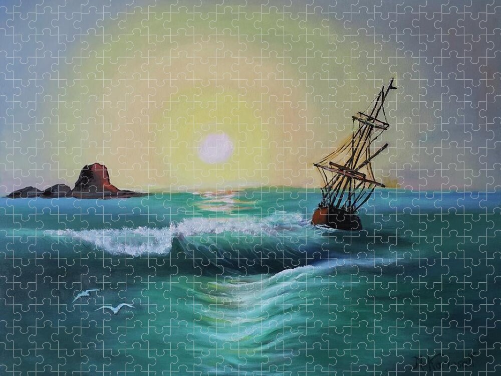 Ocean Jigsaw Puzzle featuring the painting Sky under fire by Maria Karlosak