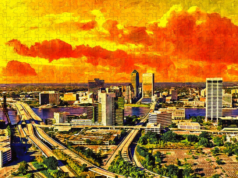 Downtown Jacksonville Jigsaw Puzzle featuring the digital art Skyline of downtown Jacksonville at sunset - digital painting by Nicko Prints