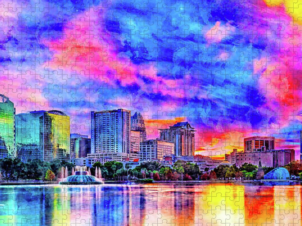 Downtown Orlando Jigsaw Puzzle featuring the digital art Skyline of downtown Orlando, Florida, seen at sunset from lake Eola - ink and watercolor by Nicko Prints